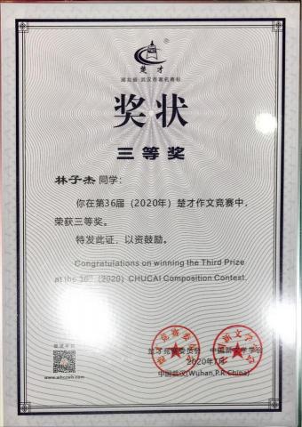 林子傑 - 武漢處才盃作文三等獎