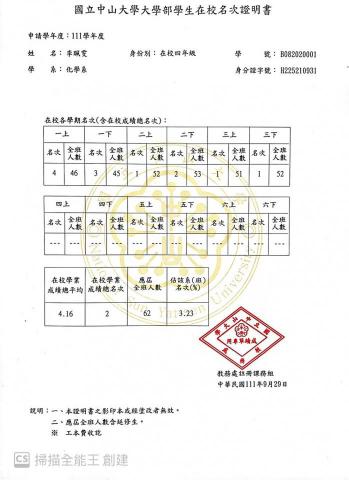 李珮雯 - 大學三年名次證明(GPA:4.16/4.3))