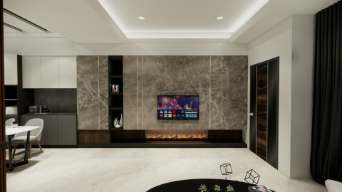 子儀 廖 - 風格：大氣、俐落
特別需求：火爐、與放置神明位置

其實電視牆裡藏了一根很大的柱子
但利用大片電視牆
讓整體空間看起來更加寬敞大氣