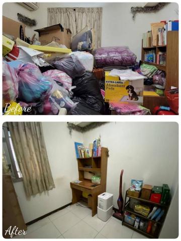 1417moving 移室宜居家居空間有限公司 - 書房整理前後，堆積如山的物品終於被清除，客戶感激的說兒子終於有書桌可以用了！