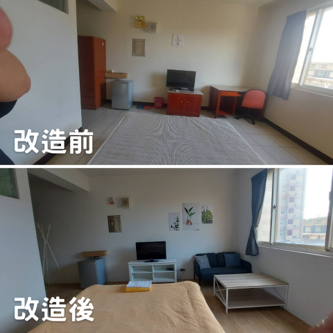 艾曼達空間整理規劃工作室 - ◆ 出租小套房，小坪數小預算。
◆ 輕裝潢：牆面及天花板粉刷，鋪木質地板
◆ 軟裝設計：床頭櫃及床頭板改色、更換合適電視櫃、沙發及茶几，更換衣櫃顏色，搭配植物盆栽裝飾等。