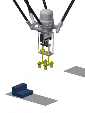 MinBau - 氣動夾爪設計

此夾爪設是安裝於工業(Delta)機器人。 夾爪機構特徵為可自動調整以吸住有階級特徵的物件。

開發目的為避免使用換爪裝置。這可避免
現場人員減少機器人校正與調機時間，另外費用上也遠低於換爪裝置。