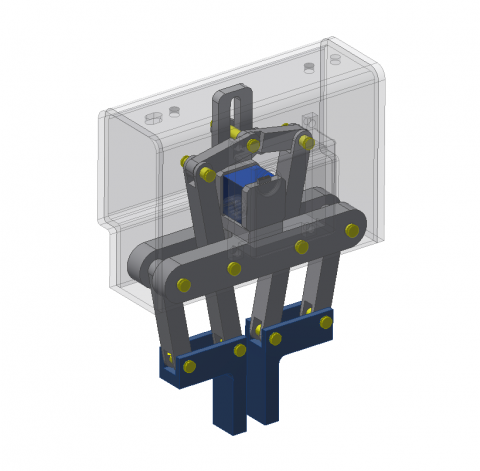 MinBau - 電動夾爪設計

使用步進馬達結合連桿機構設計使夾爪可夾持不同尺寸物件。

此範例可夾持物件10 - 60 mm 物件(部分特徵有平面，夾爪手指部才可夾持)。
