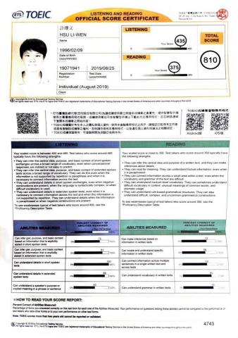 許瓈文 - 多益成績