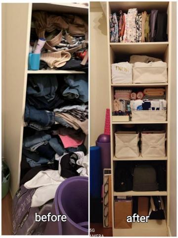 做家整理師奧莉薇 - 原本塞爆的六層櫃，上層放置少用的包包，黃金區域是最常用的運動毛巾、襪類等，下層是各種運動專用袋，隨手提了就能出門