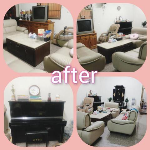 Jinnie  吉妮 - 經過分類，清出不使用的物品，將物品放回應有的位置，收納後清潔，讓客廳恢復為放鬆的空間，家人可以舒服的坐在沙發上，委託人一家都超開心！