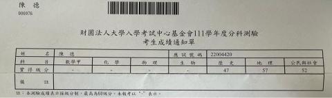 陳德 - 分科測驗成績單