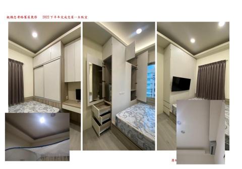 禎瑞設計工程號 - 2022年下半年交屋--板橋忠孝路舊屋裝修05。這一戶的設計，是利用系統櫃把空間收納做到極限，主臥室的床頭及床尾都做櫃體，再利用櫃體的空隙把電視線及插座線源拉出來，再利用櫃體側面，就可以放一台電視機了。