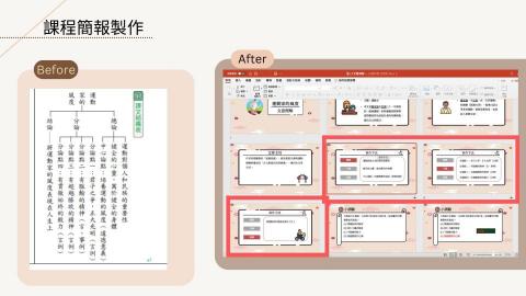 Amber - 左側的文字敘述，轉化成右邊匡紅線的簡報。