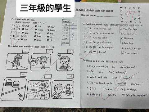 張麗文 - 教學約5個月的學生，從自然發音基礎學習，每週兩小時的努力，期末考範圍是整本的挑戰，能有這樣的成績，過程是不容易的。