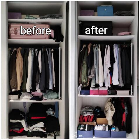 做家整理師奧莉薇 - 尚未購買合適的收納品前，可先利用相同色系的紙袋進行分類收納