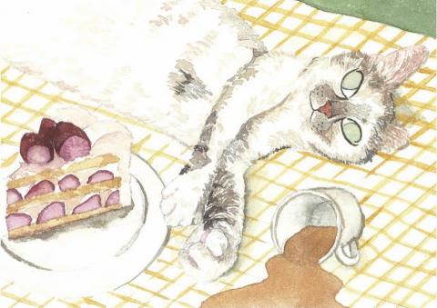 Design with Michelle - 為客戶繪製他與他的貓soba的出遊想像，客戶即將出國一年唸書，因此他請我繪製這張圖讓帶出國，這湯圖現在就掛在他書桌的面前，一抬頭就能看見。
這張圖繪製調皮的貓咪，在野餐期間打翻了奶茶卻還一臉無辜。
此案件為水彩手繪。