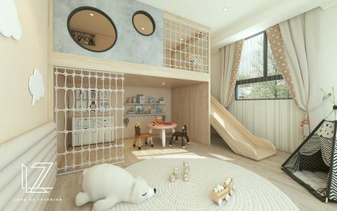 櫳澤室內空間設計 - 【 彰化 ‧ 張宅 】

遊戲室-
是遊戲室也是孩子們的秘密基地。
在設計上，溜滑梯使用需要通過重型攀爬網，下方需鋪設預先收納起來的防墜落軟墊，通過圓型入口內助力把手攀爬上去到第二層遊戲平台，或者逆向爬上溜滑梯即可遊玩，但全程需要大人協助陪同搭配輔助安全設備，整體空間讓小孩有攀爬、遊玩、趣味的遊戲空間。