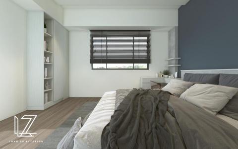 櫳澤室內空間設計 - 【 彰化 ‧ 張宅 】

主臥房-
在空間的規劃上，特別為女主人隔出獨立的更衣室。如此一來，女主人便有了充分收納衣物、包包，與飾品的空間。
床背牆的部分，以長方體的概念去設計修飾柱體。使用特殊塗料、調色漆料雙色，搭配淺色櫃體及暖色卡扣木板，讓整體設計顯得更加豐富些。
而床頭的L型書桌，是女主人的電腦桌，亦是化妝桌，機能隨需，多功能性。