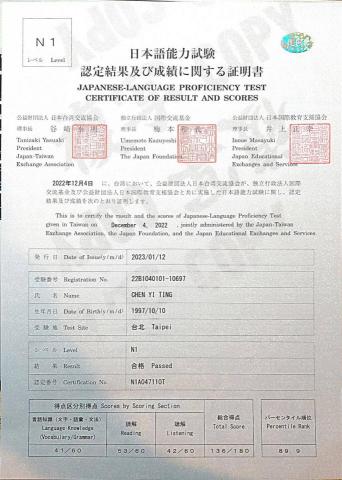 陳羿廷 - N1成績單