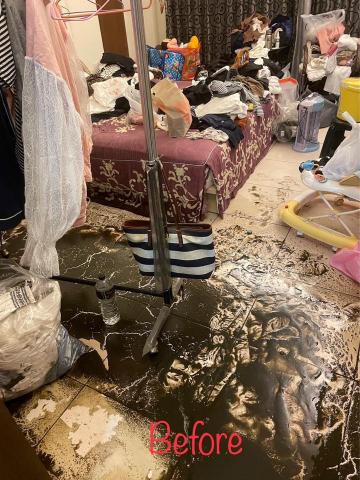 五葉草床墊沙發地毯清潔 - 廁所馬桶倒灌導致客廳房間穢物髒水