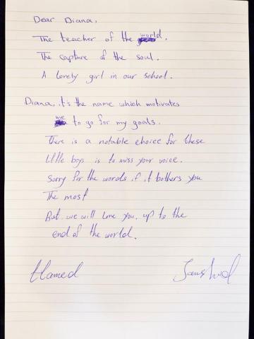 江易安 - 一名阿富汗籍學生寫給我的感謝信。