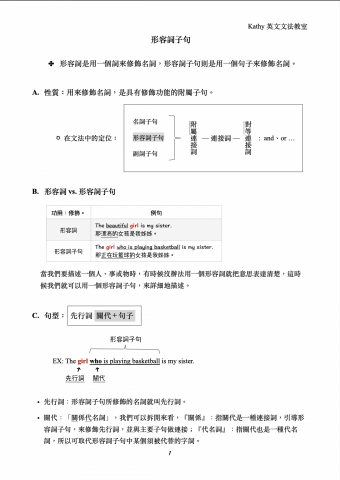 Kathy 英文家教 - 自編國中英文文法講義《形容詞子句》-1/3