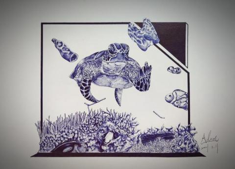 插畫_Adam - 手繪原子筆_海洋污染