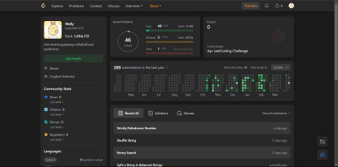 張政偉 - Leetcode為練習設計演算法的網站，分別為easy、medium和hard三個難度，圖片上提供了解題數量、通過次數以及整體排名。