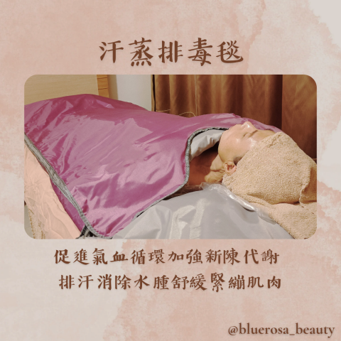 蘿莎美學 - 排毒??『汗蒸排毒毯』??
能夠改善體質、溫和排汗的特點，吸引很多長時間待在冷氣房、缺乏運動的人使用。
相較於蒸氣烤箱、三溫暖需要80～100°C的溫度條件，對人體比較沒有負擔，身體虛弱、年紀較大的老人家也能輕鬆體驗

♨️體驗方法：
可搭配全身/臉部按摩免費體驗
  Or
G5曲雕塑身+排毒椅 一小時
DL排毒儀+排毒毯 一小時
  Or
單躺排毒毯 一小時$300
