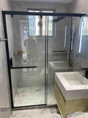 佳昇玻璃工程 - 無框式黑色滑門+專用毛巾把手