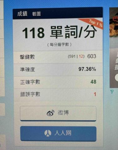 柳諭璇 - 中打測試結果 平均都在100字左右 這是最高的成績