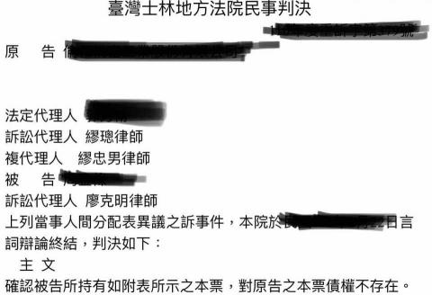繆忠男律師 - 確認本票債權不存在，債務人對強制執行程序異議成功。