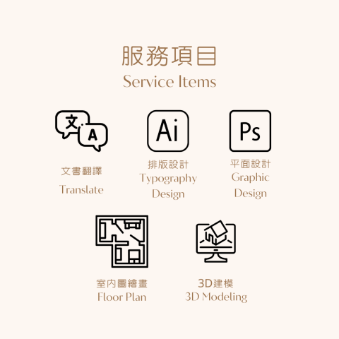 韓沛妤 - 服務項目
-文書翻譯
-中日文對照排版設計
-簡易平面設計
-室內圖繪製
-室內3D建模