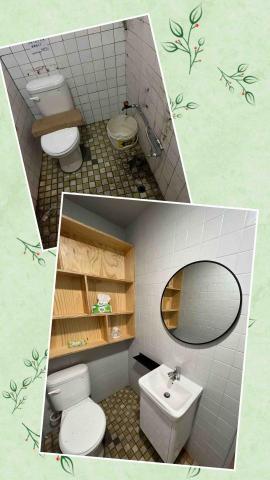 信鎰水電 - 拆除舊有馬桶及洗手台，換上新的馬桶及浴櫃，吊上鏡面換然一新！