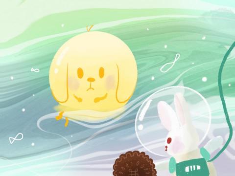 DoryArt - 多莉月亮肚子餓了，小兔子太空人拿著月餅去拯救小多莉的意向。