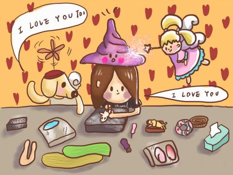 DoryArt - 在家裡刺羊毛氈的時候，小多莉跟天使都在旁邊陪著我的意象。