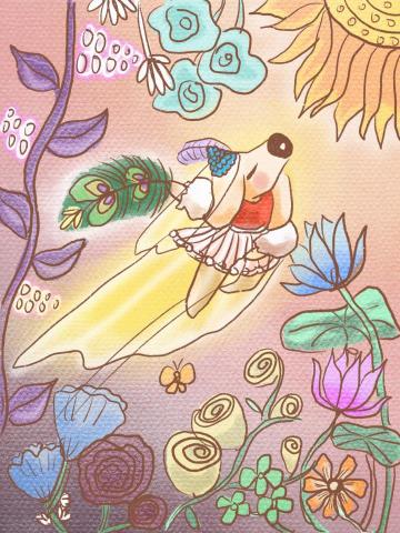 DoryArt - 多莉的祕密花園，描繪多莉穿梭在花園裡面，奔向太陽的意象。