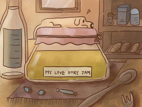 DoryArt - 夕陽下的麵包坊，小多莉趴在充滿愛製造出來的果醬上。