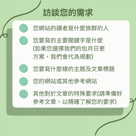 Lu Wei Wu - 需求訪談主要著重在於以下幾點：
1.您希望吸引什麼樣的目標族群(或是現在閱讀您網站內容的人是哪一類族群)

2.文章標題及內容撰寫方向

3.對於文章有沒有特殊要求(如有您喜歡的風格的文章可以參考，會更精確明白您的喜好)
