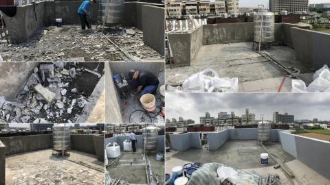 鄭豐秝 - 屋頂植被豐富且隔熱磚嚴重壞損，在打除後發現原本的工法奇特，因此建議客戶洗孔新增排水孔、並請水電進行水管修改，對日後屋頂防水的維護與耐久度皆可大幅提升。