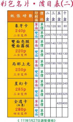 宏光 - 彩色名片‧價目表(二)