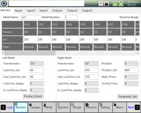 paul wang - 油壓流程控制,此範例為雙模式吹瓶機:
1.油壓伺服閥控制.
2.溫度控制.
3.程序流程控制
4.sqlite 資料庫連結