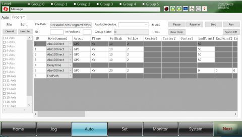 paul wang - 1.24 軸伺服馬達運動控制(研華運動控制卡)
2.六群組(每群組4軸,Ethercat 通訊)
3.每軸控制以選取此指令,位置,速度...方式編程
    產生每行運動流程顯示