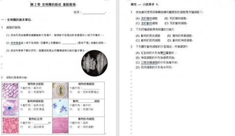 林昱辰 - 國中生物自編講義 :
除了課程內容的重點整理外，在教完一個大主題會有幾題的小練習題確認學生的學習狀況，課後也會提供練習題給學生做更進一步的練習