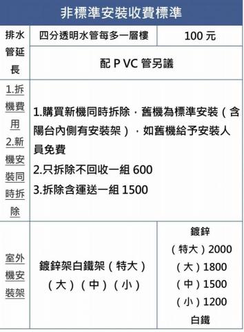 金源空調工程行 - 非標準按裝收費表準