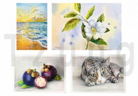 陳宗亮 - 油畫棒（左上）、水彩（右上）、色鉛筆（下左、下右）教學作品範例