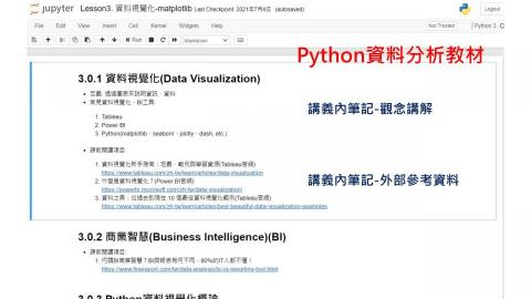 CL老師程式私人家教 - 【Python資料分析與機器學習課程】
教材檔案(講義) Lesson3 截圖。
使用jupyter notebook編輯。檔案內部包含筆記內容(觀念講解)、範例程式碼、程式執行結果(程式可直接於檔案內執行並產生結果)。 CL老師程式私人家教 - 【Python資料分析與機器學習課程】
教材檔案(講義) Lesson3 截圖。
使用jupyter notebook編輯。檔案內部包含筆記內容(觀念講解)、範例程式碼、程式執行結果(程式可直接於檔案內執行並產生結果)。