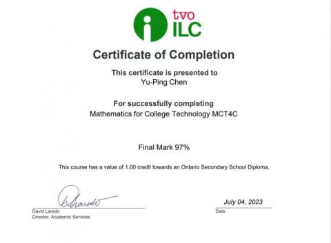 陳諭萍 - 加拿大學院入學數學通過