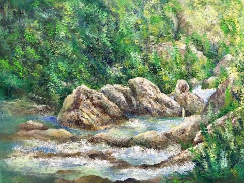 蔡昀庭 - 油畫作品太魯閣溪谷
太魯閣溪谷 媒材：油彩 尺寸：2 0 F 年代：2 0 2 2
繪畫合歡山武嶺雄偉、壯麗的山景與峭壁、山巒、雲霧、夕照的景緻。運用印象派風景的技法，表現天空、廣闊草原、壯觀的山稜線、雲霧漂渺的光線與色彩的變化。畫出印象最為深刻的自然景色。