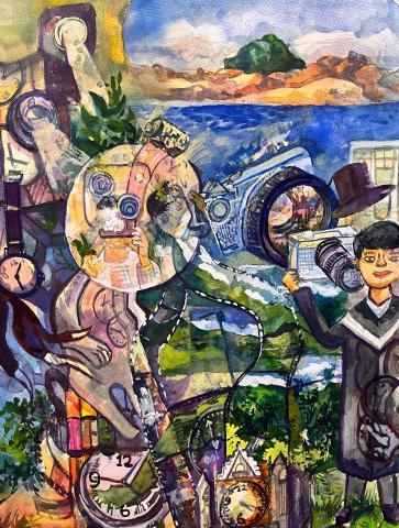 蔡昀庭 - 多重想像
媒材：水彩 尺寸：4開
年代：2 0 2 1
創作理念
透過多重影像自我省思與自
我覺察， 圖畫中的底片膠捲
象徵回憶， 鐘錶象徵時間的
壓迫， 影像的多重交疊表現
時空交錯與輻輳。