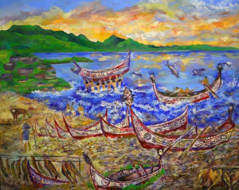 蔡昀庭 - 蘭嶼＆達悟印象 尺寸： 3 0 F　 使用媒材：油彩 年代： 2 0 2 2年
創作理念
主旨傳達蘭嶼達悟族與海洋共存文化意象。作品中的拼板舟、飛魚、地下屋象徵蘭嶼達悟族文化特色。運用印象派的技法呈現的色彩層次變化與光影變化，繪畫夕陽雲彩照耀著礫石海岸、拼板舟的景緻。