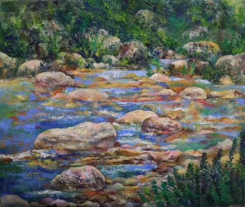 蔡昀庭 - 太魯閣溪流 媒材：油彩 尺寸：20F 年代：2023
創作理念
繪畫太魯閣雄偉壯麗鬼斧神工的峽谷立霧溪流、大理岩層、大理石景緻。運用印象派風景的技法表現太魯閣溪流的風景