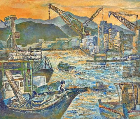 蔡昀庭 - 黃昏港口 媒材：油彩
尺寸：1 0 F 年代：
2 0 2 2
創作理念
描繪夕陽餘暉的光線照耀
的港景， 基隆港口景緻渲
染為黃橙色調， 聚散的漁
船、港口的搭配呈現山海
交織景色。