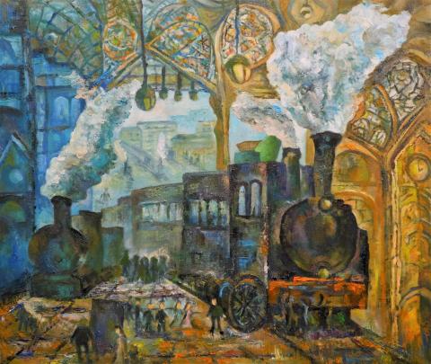 蔡昀庭 - 十九世紀的車站情景
媒材：油彩
尺寸：1 0 F
年代：2 0 2 1
創作理念
十九世紀車站繁忙景象， 象徵工業革命發展的轉捩點。運用印象派厚疊技法繪畫， 呈現蒸氣火車與玻璃棚頂色彩與光影的變化， 蒸汽火車為畫面主要焦點車站教堂建築運用黃色與藍色互補色搭配， 近景呈現絢麗色彩， 遠景呈現朦朧的景緻。